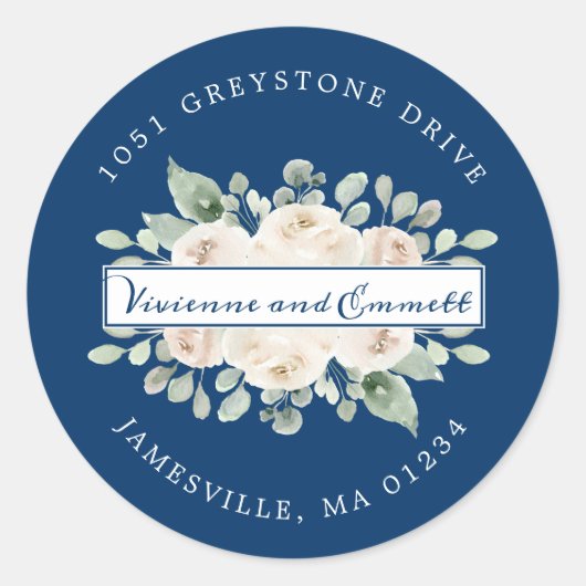 White Rose op Navy Floral Retouradres Label (Voorkant)