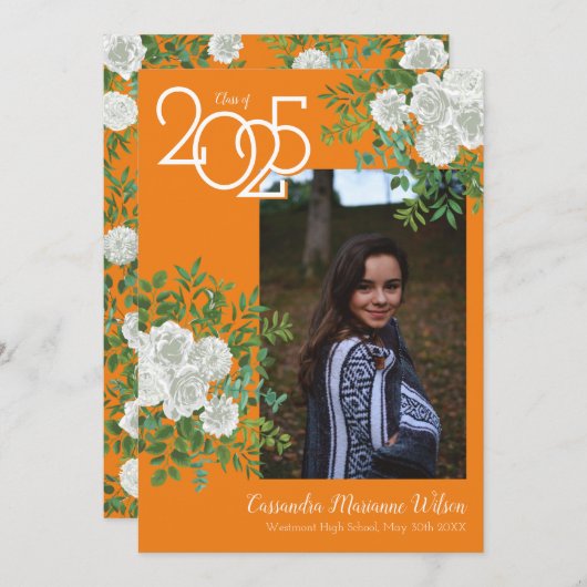 White Rose Oranje Foto Afstuderen Aankondiging (Voorkant / Achterkant)