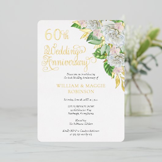 White Rose Orchid 60th Wedding Jubileum Party Folie Uitnodiging (Staand Voorkant)