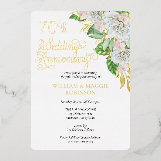 White Rose Orchid 70th Wedding Jubileum Party Folie Uitnodiging (Voorkant)
