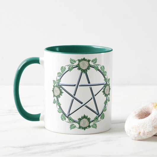 White Rose Pentagram Wicca Pentacle Pagan Occult Mok (Met donut)