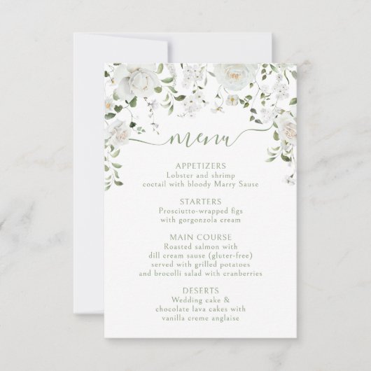 White Rose Peony Flower & Greenery Wedding Menu (Voorkant)
