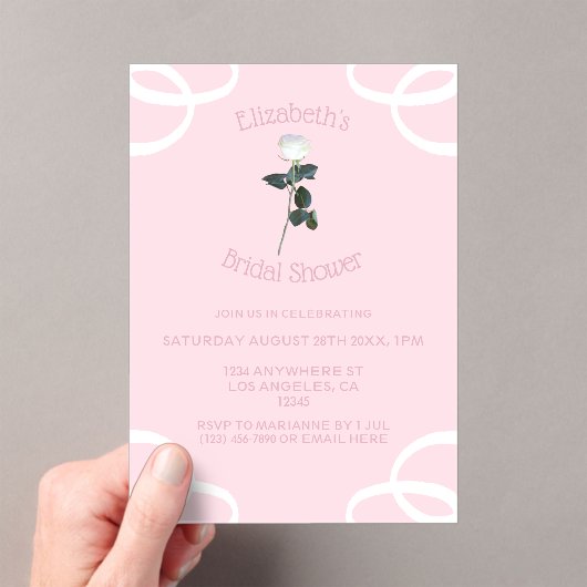 White Rose Petal Pink Vrijgezellenfeest Acryl Uitnodigingen (Insitu (Draagbaar))