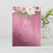 White Rose Pink Burgundy Folie 30th Birthday Invit Kaart (Staand voorkant)