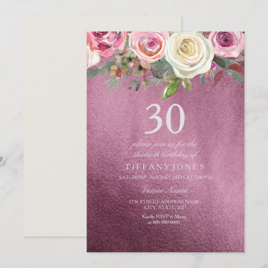 White Rose Pink Burgundy Folie 30th Birthday Invit Kaart (Voorkant / Achterkant)