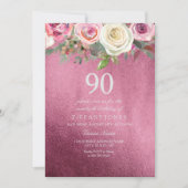 White Rose Pink Burgundy Folie 90th Birthday Invit Kaart (Voorkant)