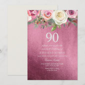 White Rose Pink Burgundy Folie 90th Birthday Invit Kaart (Voorkant / Achterkant)