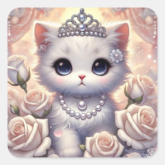 White Rose Princess Cat Vierkante Sticker (Voorkant)