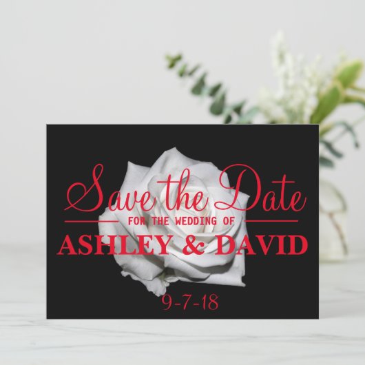 White Rose Red Script Save the Date Card (Staand voorkant)