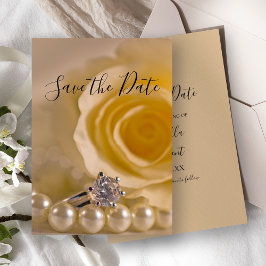 White Rose, Ring and Pearls Wedding Save the Date Kaart