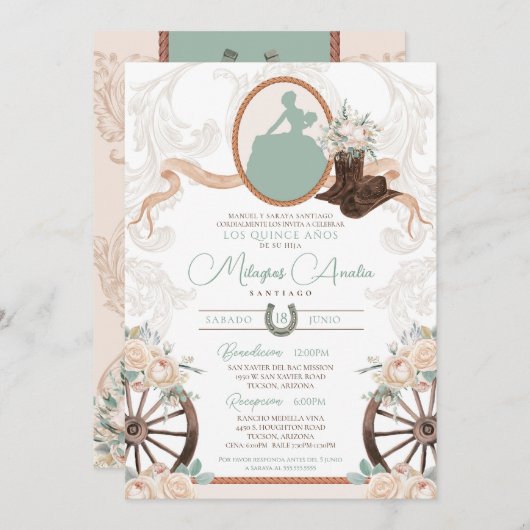 White Rose Sage Elegant Charro Western Quinceanera Kaart (Voorkant / Achterkant)