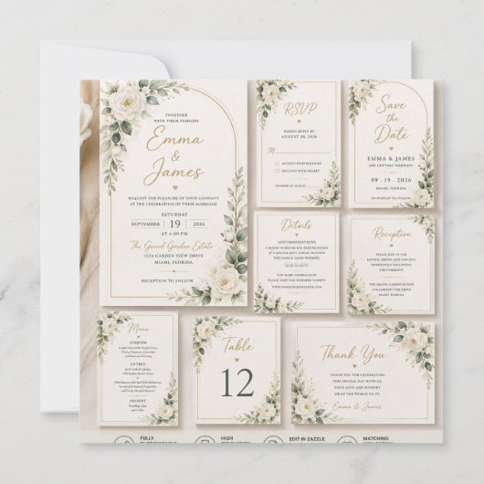   White Rose Sage Green Wedding Invitation Kaart (Achterkant)