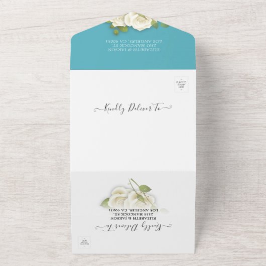 White Rose String Light Blue Gradient Weddenschap All In One Uitnodiging (Buitenkant)
