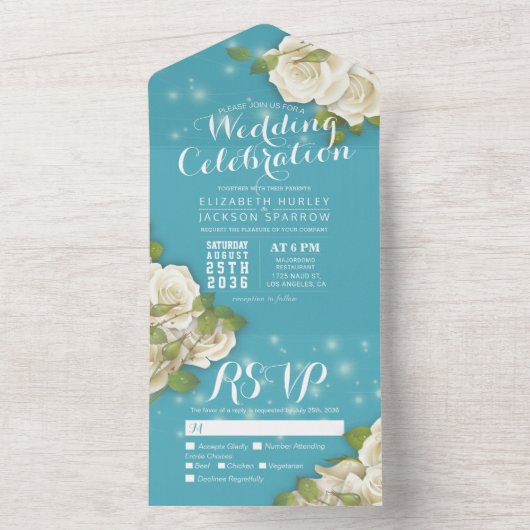White Rose String Light Blue Gradient Weddenschap All In One Uitnodiging (Binnen)