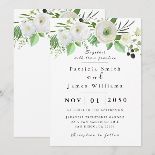 White Rose Wedding Invitation Kaart (Voorkant / Achterkant)
