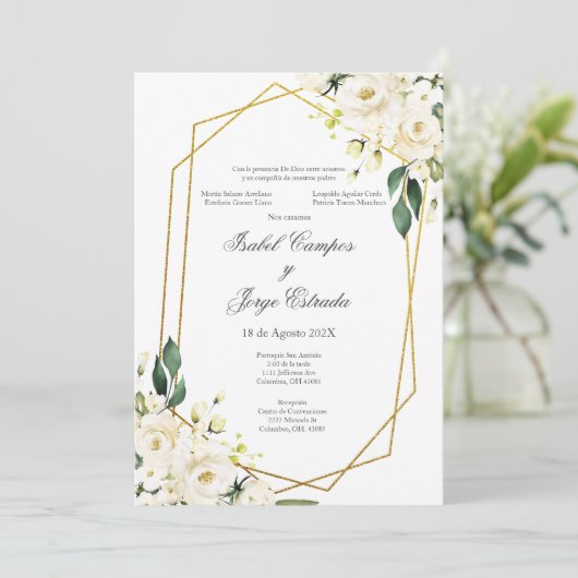 White Rose Wedding Invitation Kaart (Staand voorkant)