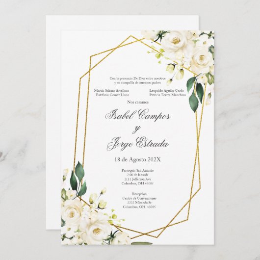 White Rose Wedding Invitation Kaart (Voorkant / Achterkant)