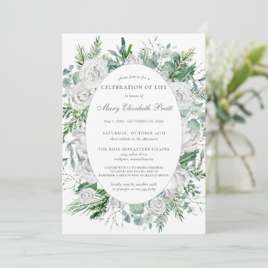 White Rose Winter Greenery Botanical Funeral Kaart (Staand voorkant)