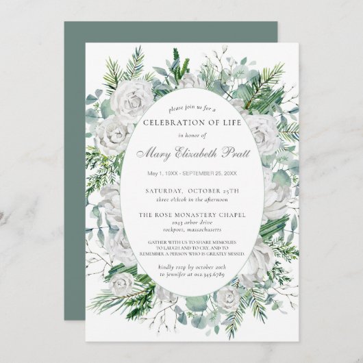 White Rose Winter Greenery Botanical Funeral Kaart (Voorkant / Achterkant)