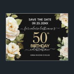 White Roses 50th Birthday Save the Date Briefkaart<br><div class="desc">Witte rozen waterverf 50ste verjaardagsfeest. Elegant bloemontwerp voor elk jaar verjaardagsfeest.Gemakkelijk aan te passen aan sjabloon. Prachtig sparen het ontwerp van de sjabloon van de datumverjaardag.</div>