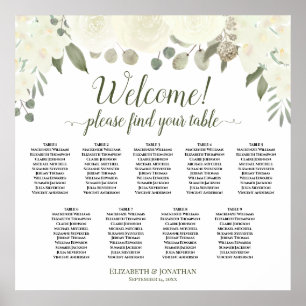 White Roses 9 Table Boho Wedding Seating Chart Poster