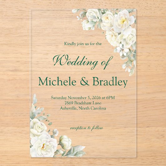 White Roses Acrylic Wedding Invitation Acryl Uitnodigingen (Voorkant)