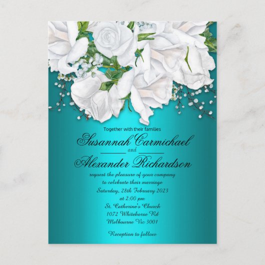 White Roses and Aqua Wedding Invitation Briefkaart (Voorkant)