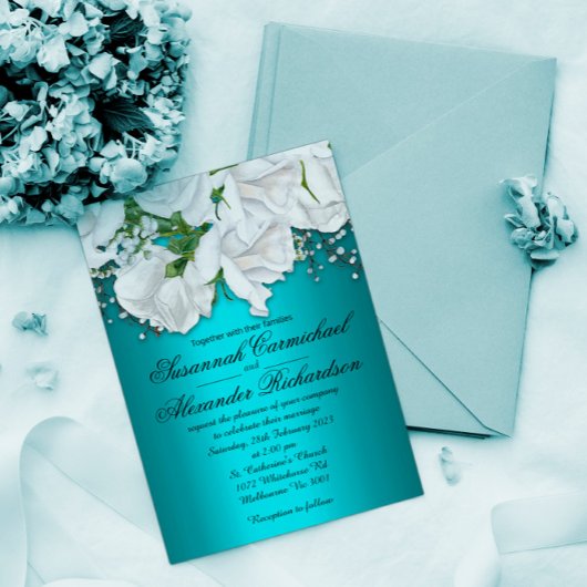 White Roses and Aqua Wedding Invitation Briefkaart