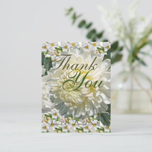 White Roses and Chrysanthemum Wedding Bedankt Briefkaart (Staand voorkant)