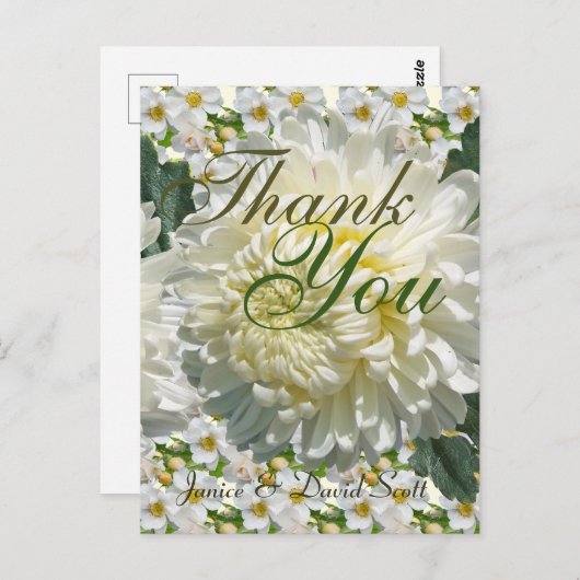 White Roses and Chrysanthemum Wedding Bedankt Briefkaart (Voorkant / Achterkant)