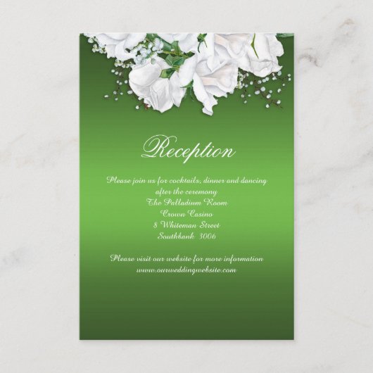 White Roses and Emerald Green Wedding Reception Informatiekaartje (Voorkant)