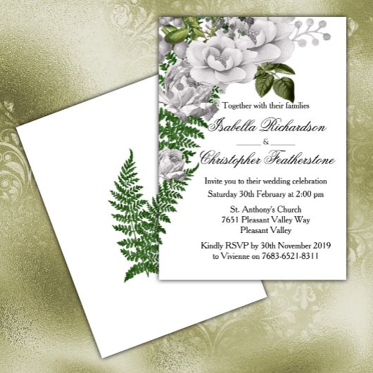 White Roses and Ferns Wedding Kaart