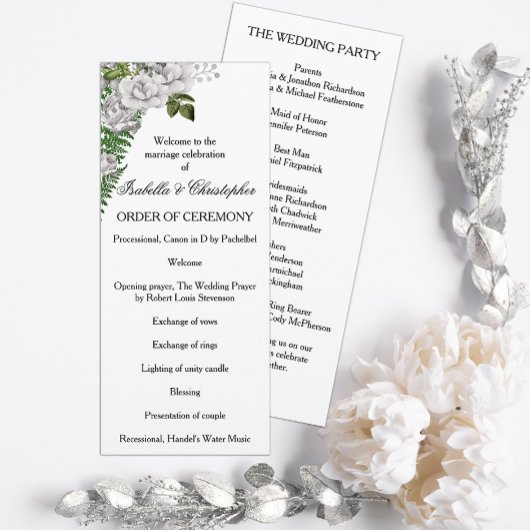 White Roses and Ferns Wedding Programme Programmakaart