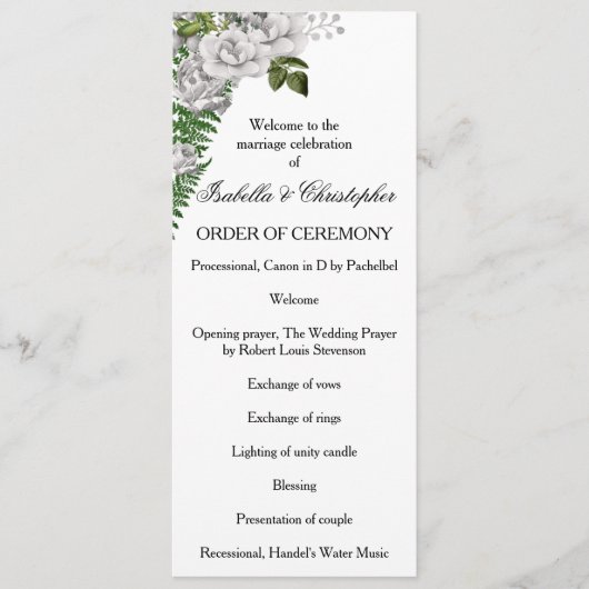White Roses and Ferns Wedding Programme Programmakaart (Voorkant)