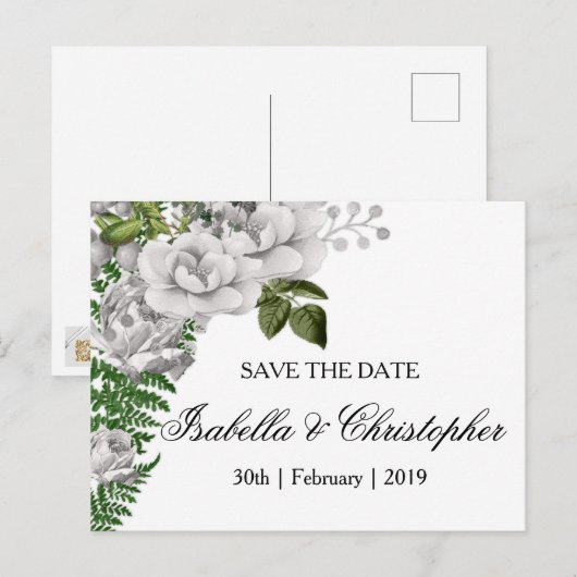 White Roses and Ferns Wedding Save the Date Aankondigingskaart (Voorkant / Achterkant)
