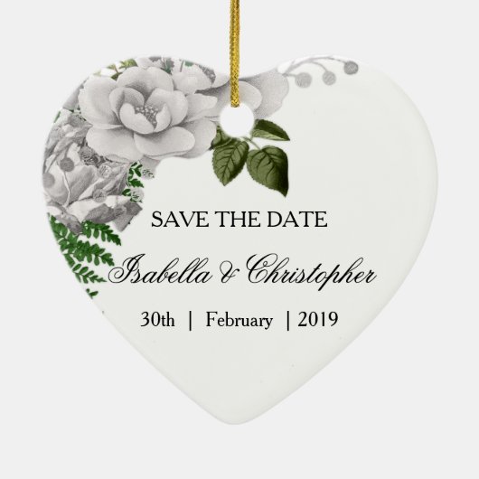 White Roses and Ferns Wedding Save the Date Keramisch Ornament (Achterkant)