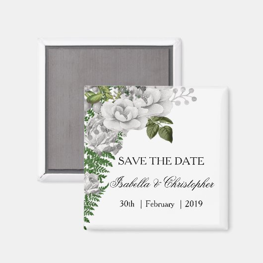 White Roses and Ferns Wedding Save the Date Magneet (Voorkant / Achterkant)