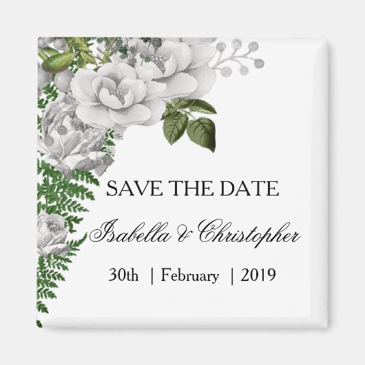 White Roses and Ferns Wedding Save the Date Magneet (Voorkant)