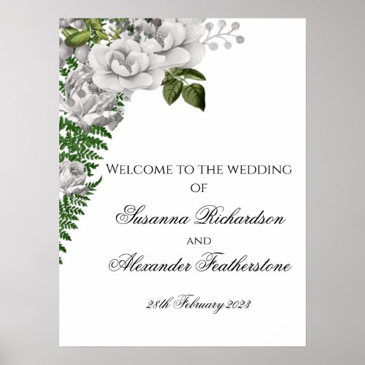 White Roses and Ferns Wedding Welcome Poster (Voorkant)