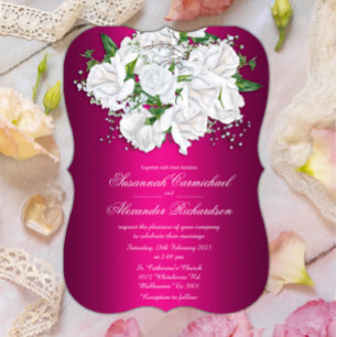White Roses and Fuchsia Pink Wedding Invitation Kaart