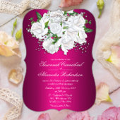 White Roses and Fuchsia Pink Wedding Invitation Kaart
