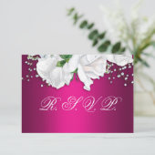 White Roses and Fuchsia Pink Wedding RSVP Kaartje (Staand voorkant)