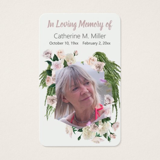 White Roses and Greenery Funeral Memorial Visitekaartje (Voorkant)