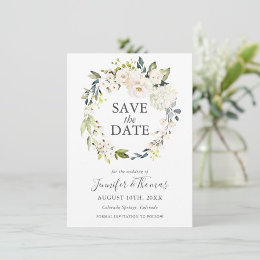 White Roses and Hydrangeas Floral Save the Date (Staand voorkant)