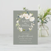 White Roses and Hydrangeas Floral Save the Date (Staand voorkant)