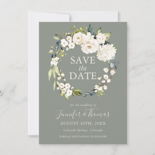 White Roses and Hydrangeas Floral Save the Date (Voorkant)