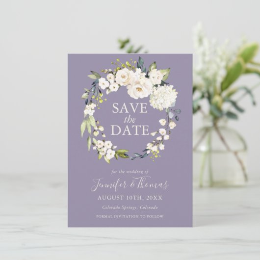 White Roses and Hydrangeas Floral Save the Date (Staand voorkant)