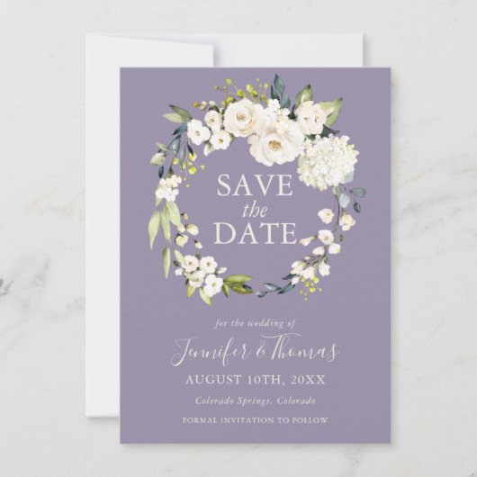 White Roses and Hydrangeas Floral Save the Date (Voorkant)