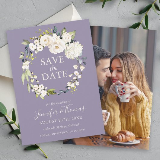 White Roses and Hydrangeas Floral Save the Date