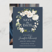 White Roses and Hydrangeas Floral Save the Date (Voorkant / Achterkant)